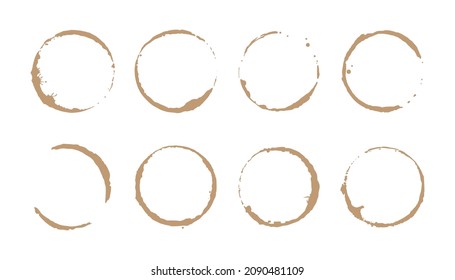 Coffee stain ring set. Vector illustration. Drink stain stamp with round shape and splash element. Coffee cup bottom circle effect.