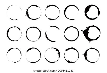 Coffee stain ring set. Vector illustration. Drink stain stamp with round shape and splash element. Coffee cup bottom circle effect.