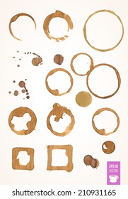 Coffee Stain. Set of different shapes round and square.  Isolated On White Backgroun. Drop of coffee. Vector 