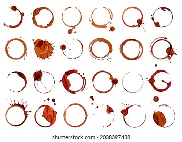 Coffee Stains, Cup Ring Splashes And Circle Stamps. Tea Or Coffee Round Spill Stain And Splatter, Brown Dirty Mug Rings Marks Vector Set. Beverage Spatter Bottom, Liquid Drop And Blot