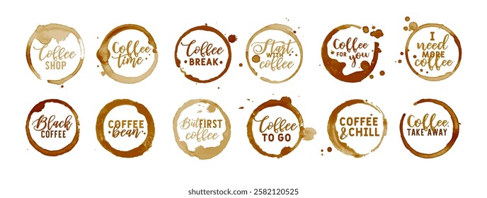 Coffee stains labels. Stickers with coffee lettering. Watercolor black coffee ring, tea badge with text. Circle stamp cups cafe logos. Drops, splashes mark. Vector sign set.