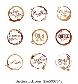 Coffee stains logo. Espresso cup ring realistic stain watercolor emblem cafe barista shop labels splash mark, tea mug circle splatter texture logotype set exact vector illustration original artwork