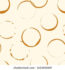 Coffee Stains Seamless Pattern. Circle Traces Surface Print. Ring, Bubbles Motif. Freehand Brush Grunge Design Texture. Coffeehouse, Cafe Concept. Handdrawn Doodle Vector Graphic Abstract Background