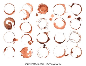 Coffee stains set, isolated cup circles tea or espresso. Dirty stain, drinking elements on table surface. Neoteric abstract vector graphic set