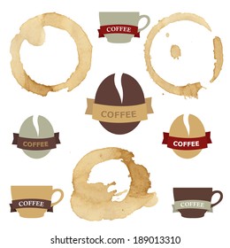 Coffee Stains With Symbols Set, Vector Illustration