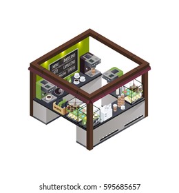 Coffee Stall Outdoor Concession Stand Isometric Composition With Different Coffee Varieties Menu Coffee Machine And Sweet Cakes Vector Illustration