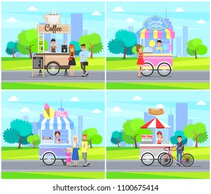 Coffee stalls street service collection, cotton candy kiosk, ice cream and hot dog, boy on bicycle in city park buying food set vector illustration