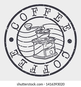 Coffee Stamp. Grinder Machine Silhouette Seal. Round Design. Vector Icon. Design Retro Insignia.