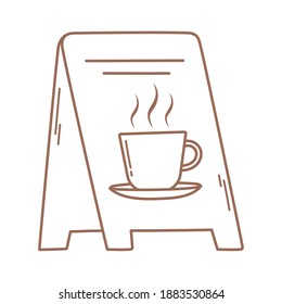 coffee stand board with cup icon in brown line vector illustration