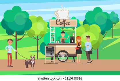 Coffee stand in green park, man walking dog and people buying tea from shop, seller cups of hot drinks, poster vector illustration with trees