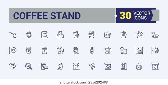 Coffee Stand icon collection. Contains related to bag, cafe, morning, croissant, dessert, kettle and more. Minimalist thin linear icon. Editable vector icon and illustration.