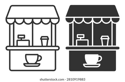 coffee stand icon set, outline and solid style vector illustration for food and beverage category on transparent background