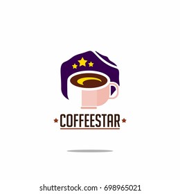 Coffee star logo for coffee shop. Isolated cup of coffee with moon and stars.