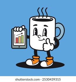 Apresentação de Estatística de Café Retro Mascote Cartoon Vetor Ilustração