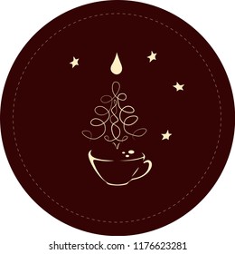 Сup of coffee with a steaming silhouette of a сhristmas tree above coffee surface with stars. Decoration for coffee shop, menu, cafe and advertising on Christmas.