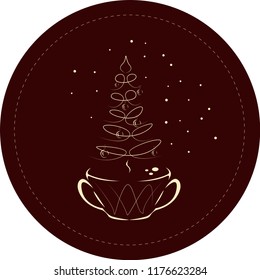 Сup of coffee with a steaming silhouette of a сhristmas tree above coffee surface with snowfall and balls. Decoration for coffee shop, menu, cafe and advertising on Christmas.