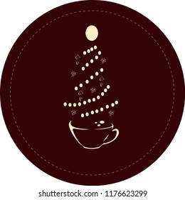 Сup of coffee with a steaming silhouette of a сhristmas tree above coffee surface with decorations, candles and balls. Decoration for coffee shop, menu, cafe and advertising on Christmas.