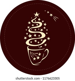 Сup of coffee with a steaming silhouette of a сhristmas tree above coffee surface with stars and coffee beans. Decoration for coffee shop, menu, cafe and advertising on Christmas.