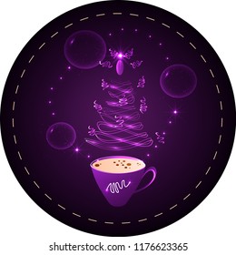 Сup of coffee with a steaming silhouette of a сhristmas tree above coffee surface with bubbles, flashlights, tinsel, decorations and confetti. Decoration for coffee shop, menu, cafe and advertising.
