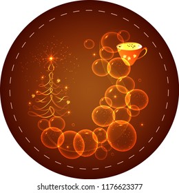 Сup of coffee with a steaming silhouette of a сhristmas tree above coffee surface with candles, bubbles, tinsel and decorations. Decoration for coffee shop, menu, cafe and advertising on Christmas.