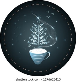 Сup of coffee with a steaming silhouette of a сhristmas tree above coffee surface with decorations, anchor, tinsel and confetti. Decoration for coffee shop, menu, cafe and advertising on Christmas.