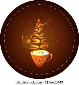 Сup of coffee with a steaming silhouette of a сhristmas tree above coffee surface with bows, tinsel, flashlights, snowfall and balls. Decoration for coffee shop, menu, cafe and advertising.