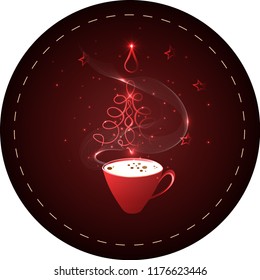 Сup of coffee with a steaming silhouette of a сhristmas tree above coffee surface with stars, flashlights and tinsel. Decoration for coffee shop, menu, cafe and advertising on Christmas.