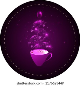 Сup of coffee with a steaming silhouette of a сhristmas tree above coffee surface with decorations, flashlights, tinsel, candles and balls. Decoration for coffee shop, menu, cafe and advertising.