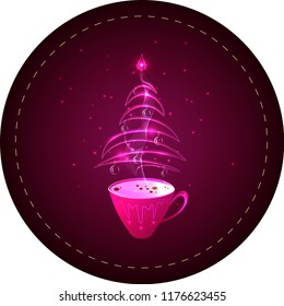Сup of coffee with a steaming silhouette of a сhristmas tree above coffee surface with decorations, tinsel, flashlights and balls. Decoration for coffee shop, menu, cafe and advertising on Christmas.