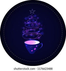 Сup of coffee with a steaming silhouette of a сhristmas tree above coffee surface with stars, flashlights and tinsel. Decoration for coffee shop, menu, cafe and advertising on Christmas.