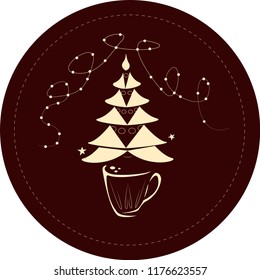 Сup of coffee with a steaming silhouette of a сhristmas tree above coffee surface with balls and garland. Decoration for coffee shop, menu, cafe and advertising on Christmas.