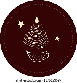 Сup of coffee with a steaming silhouette of a сhristmas tree above coffee surface with stars, decorations and balls. Decoration for coffee shop, menu, cafe and advertising on Christmas.