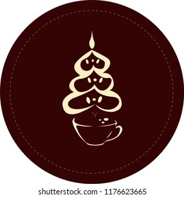 Сup of coffee with a steaming silhouette of a сhristmas tree above coffee surface with balls. Decoration for coffee shop, menu, cafe and advertising on Christmas.