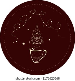 Сup of coffee with a steaming silhouette of a сhristmas tree above coffee surface with candles, stars, garland and balls. Decoration for coffee shop, menu, cafe and advertising on Christmas.