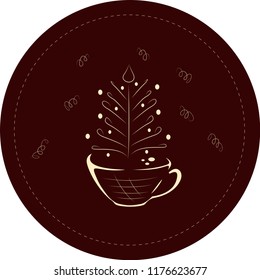 Сup of coffee with a steaming silhouette of a сhristmas tree above coffee surface with balls and confetti. Decoration for coffee shop, menu, cafe and advertising on Christmas.