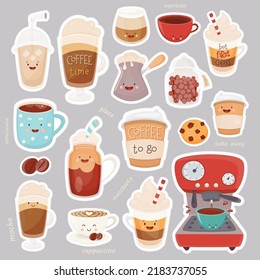 Coffee Sticker Pack. Cartoon Characters for Coffee Lovers. Vector Illustration