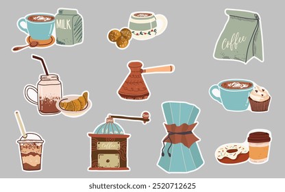 Aufkleber für Kaffee. Papiertasse, Tassen, Kaffeemühle, Bohnen, Dessert, Kaffeekanne. Coffeinhaltige Getränke, Espresso, Cappuccino, Latte, Kaffeekanne, Dessert, Cupcake, Milch. 