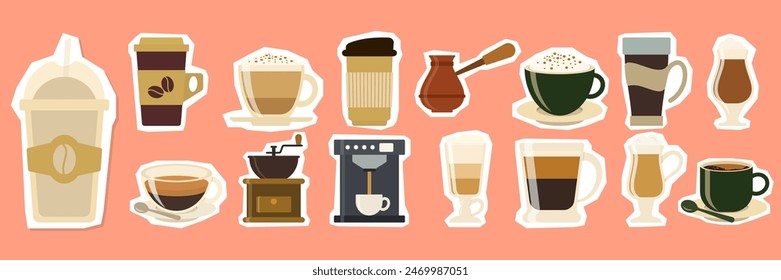 Set de pegatinas de café. Diferentes tipos de bebidas. Espresso, taza americana, capuchino y café con leche en taza de papel, macchiato helado en vidrio. Ilustraciones vectoriales planas aisladas sobre fondo blanco