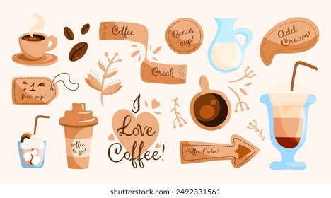 Conjunto de pegatinas de café con dibujos simples de tazas de café, texto, flechas y semillas de café. Ilustración vectorial. Diseñar Elementos gráficos para cafeterías y cafeterías.