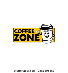 coffee sticker vector design in cool yellow color. Trendy cute smile patch.