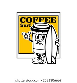 coffee sticker vector design in cool yellow color. Trendy cute smile patch.