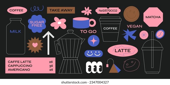 Coffee stickers barista. Arabica coffee glass,epresso,cappuccino,coffee beans.Graphic paper minimalist retro icons