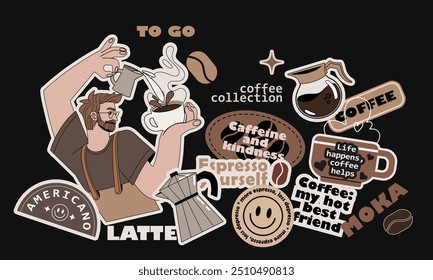 Coffee stickers and barista character. Coffee shop patches. Cups, kettles, arabica coffee, espresso, beans. Graphic doodle minimalist retro icons. 