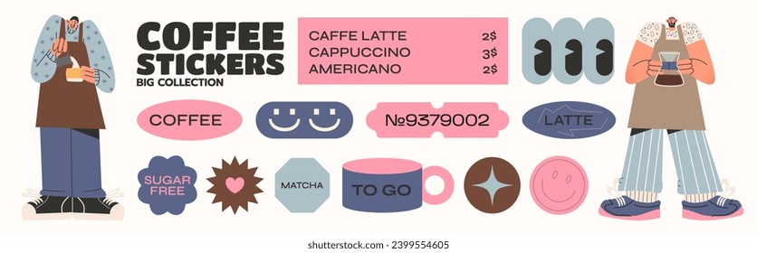 Coffee stickers and barista characters. Arabica coffee glass,espresso,cappuccino,coffee beans.Graphic paper minimalist retro icons.Coffee shop workers brewing coffee