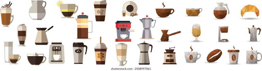 Coffee stickers and barista characters.Coffee makers, kettles, brewing, arabica coffee, glass,espresso,cappuccino, beans.Graphic doodle minimalist retro icons.Coffee shop patches