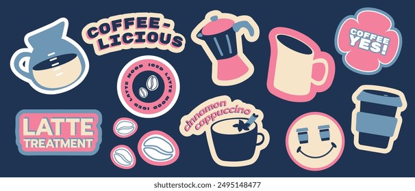 Coffee stickers cartoon groovy style. Coffee makers, pitcher, kettles, brewing, arabica coffee, cup,  glass,espresso,cappuccino, beans, labels.Graphic doodle minimalist retro icons.