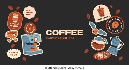 Coffee stickers collection. Hipster groovy coffee elements stickers, tags, labels. Y2k vintage organic flat.