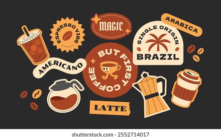 Coffee stickers collection. Hipster groovy coffee elements stickers, tags, labels. Y2k vintage organic flat.
