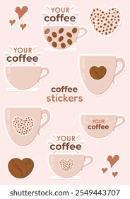 Coffee stickers, cute lovely vector illustrations for coffee lover, cafe, cafeteria, kitchen, menu, restaurant, barista. Decorative element, emblem, symbol, sign, badge, set, pack.