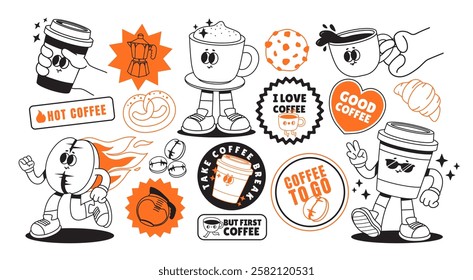 Coffee stickers. Groovy drink character. Funky patches with bean, coffee cup to go, cappuccino, espresso, text phrases for coffee shop. Comic cafe menu label. Vector set.